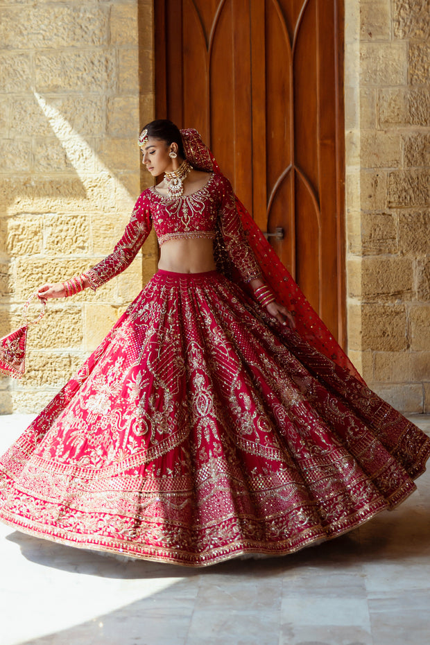 Fuchsia Red Pakistani Bridal Dress with Heavy Embroidery
