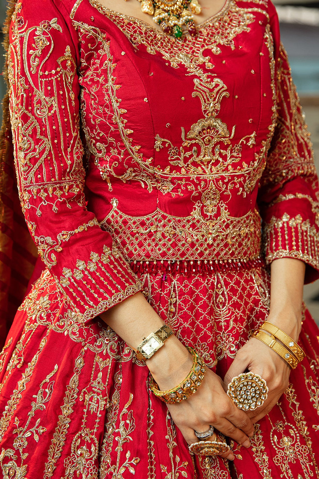 Carmine Red Pakistani Bridal Dress with Embellished Lehnga Choli
