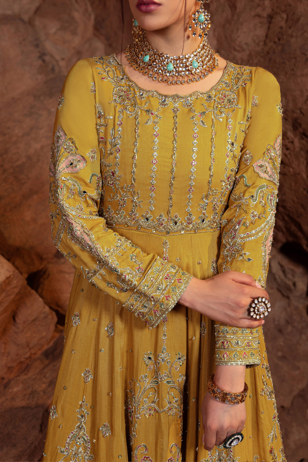 Honey Yellow Pakistani Bridal Dress with Heavy Embellishments