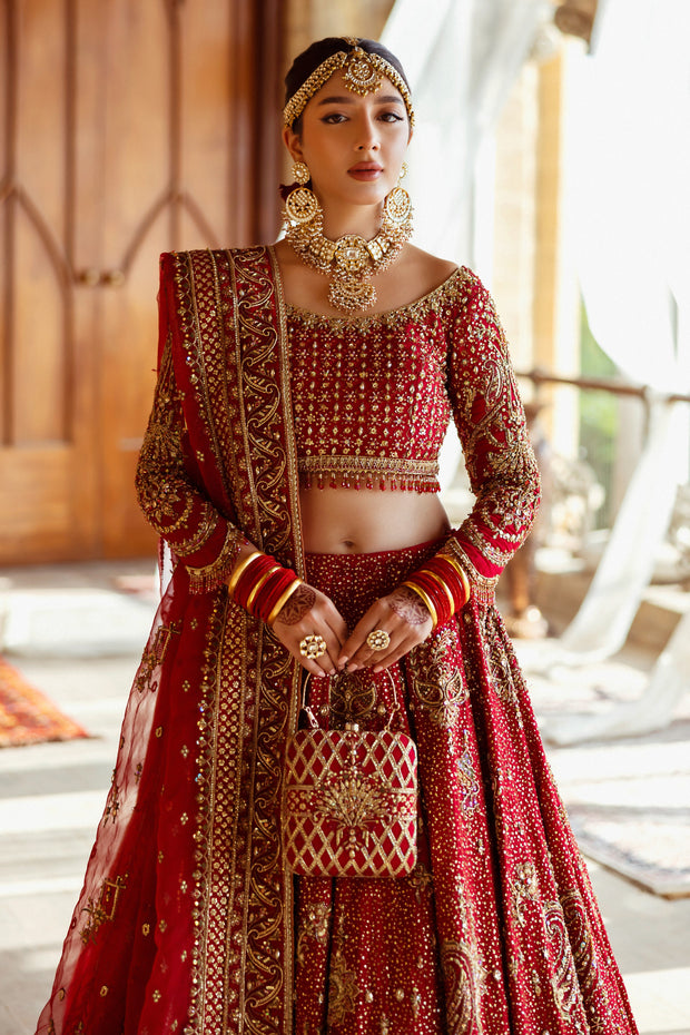 Crimson Red Pakistani Bridal Dress with Heavy Embroidery