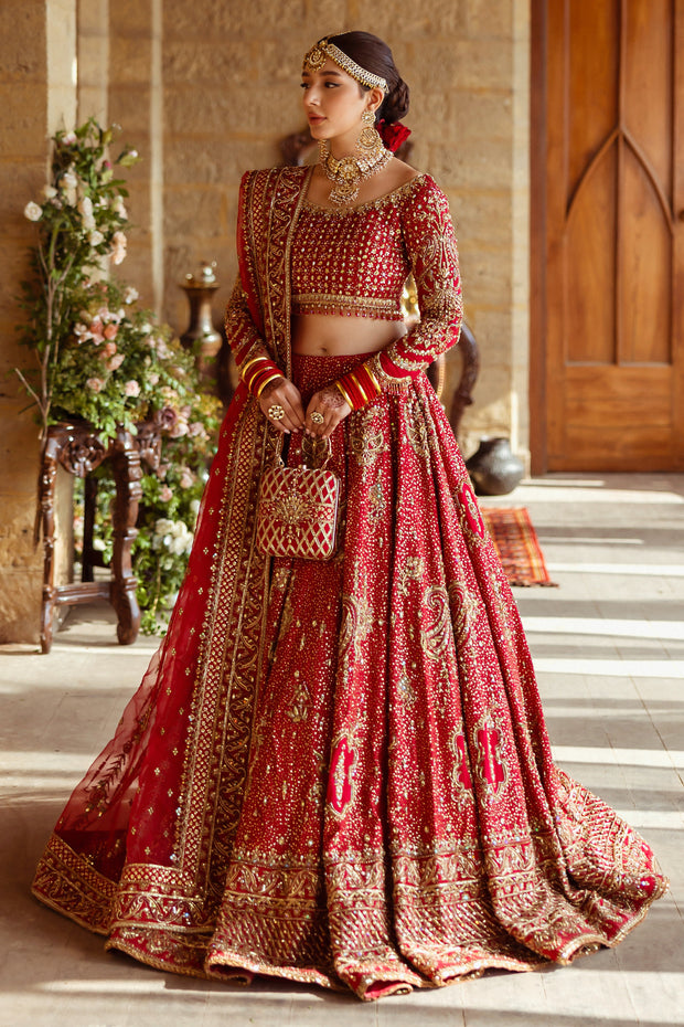 Crimson Red Pakistani Bridal Dress with Heavy Embroidery