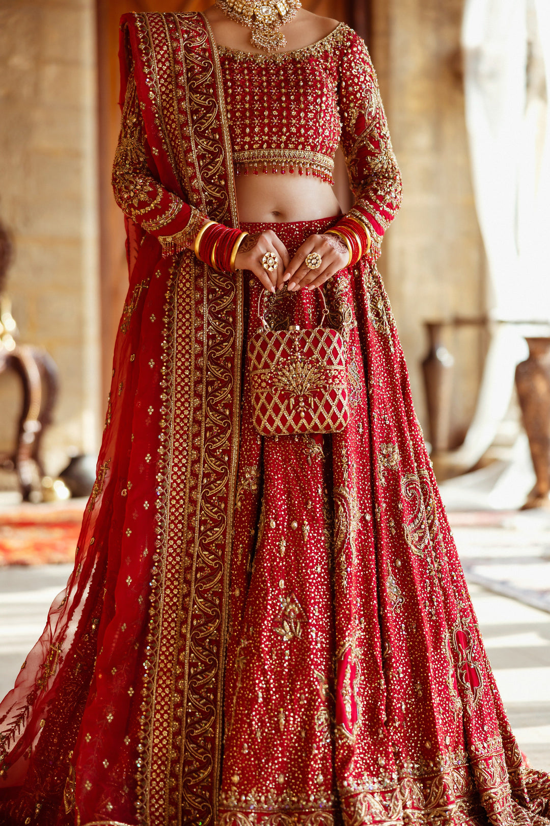 Crimson Red Pakistani Bridal Dress with Heavy Embroidery
