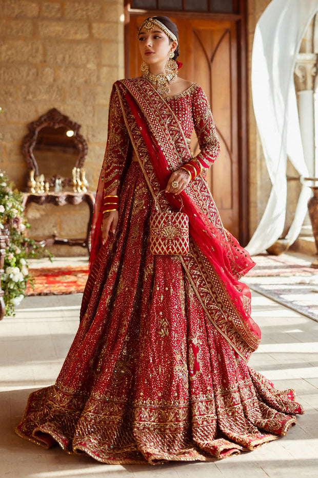 Crimson Red Pakistani Bridal Dress with Heavy Embroidery
