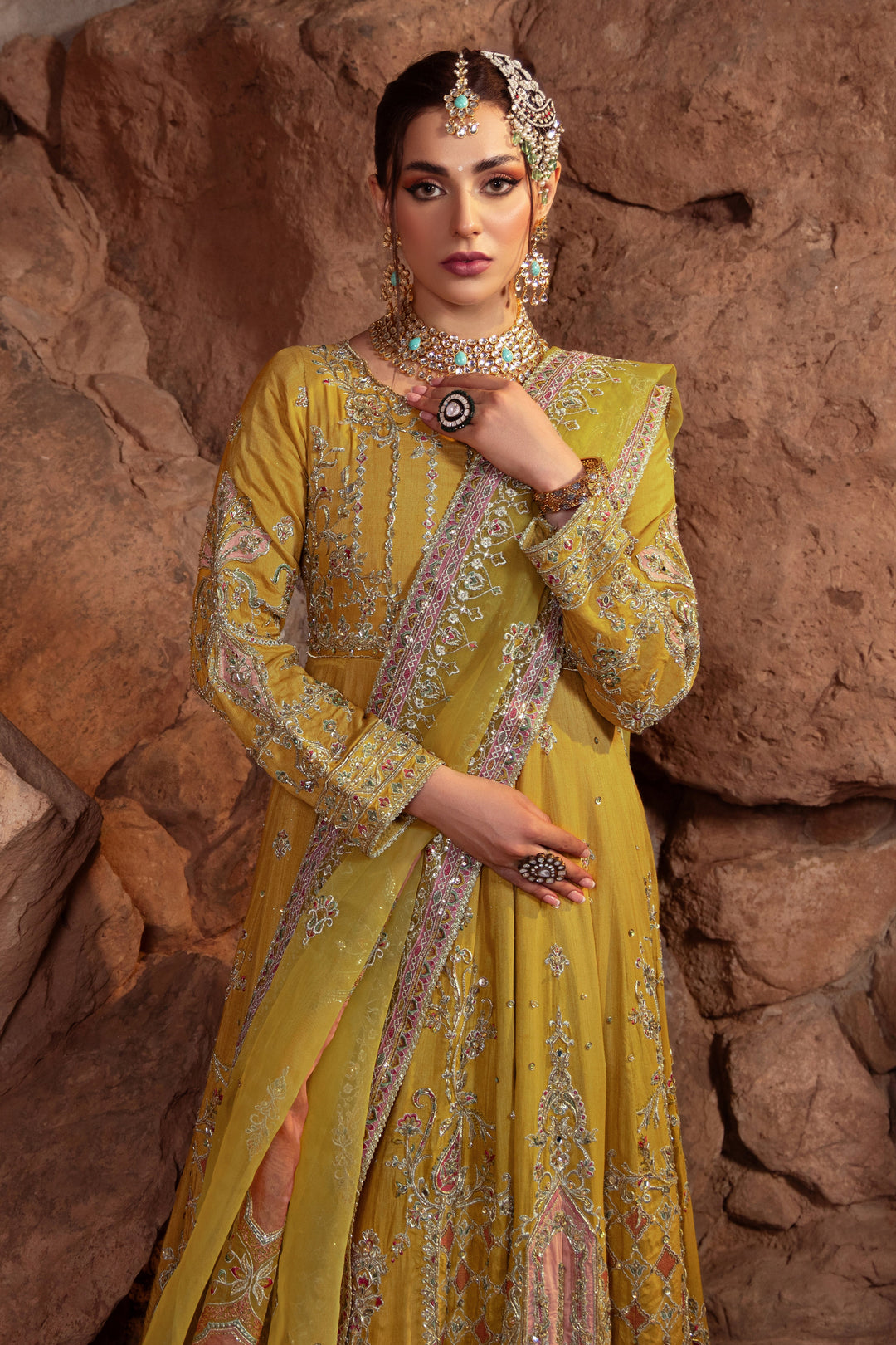 Honey Yellow Pakistani Bridal Dress with Heavy Embellishments