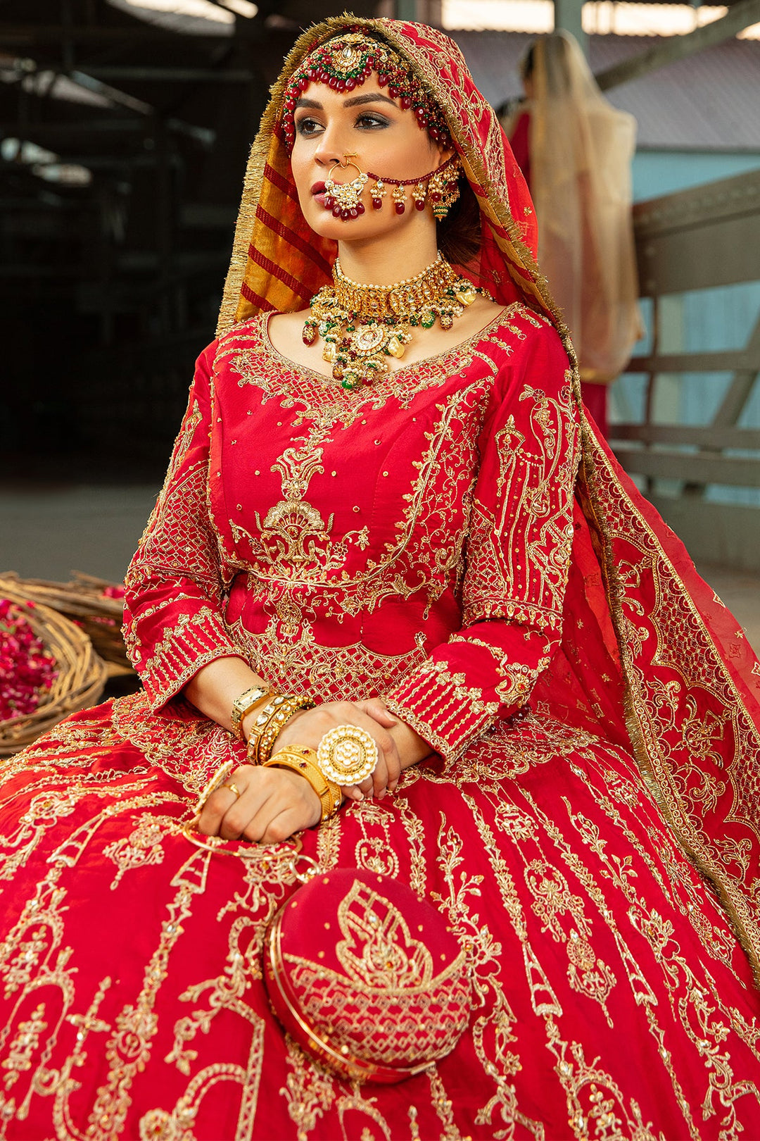 Carmine Red Pakistani Bridal Dress with Embellished Lehnga Choli