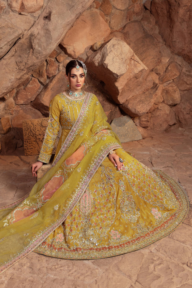 Honey Yellow Pakistani Bridal Dress with Heavy Embellishments