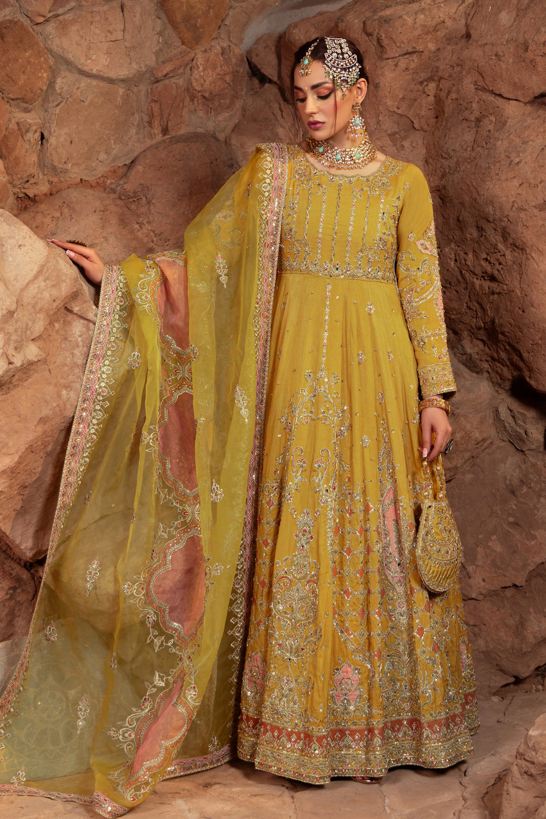 Honey Yellow Pakistani Bridal Dress with Heavy Embellishments
