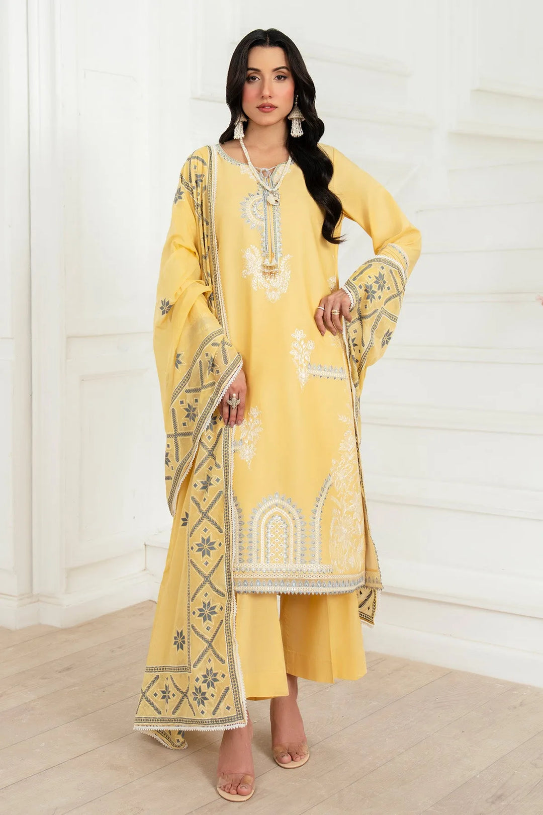 Embroidered Cotton Dress Set With Shawl