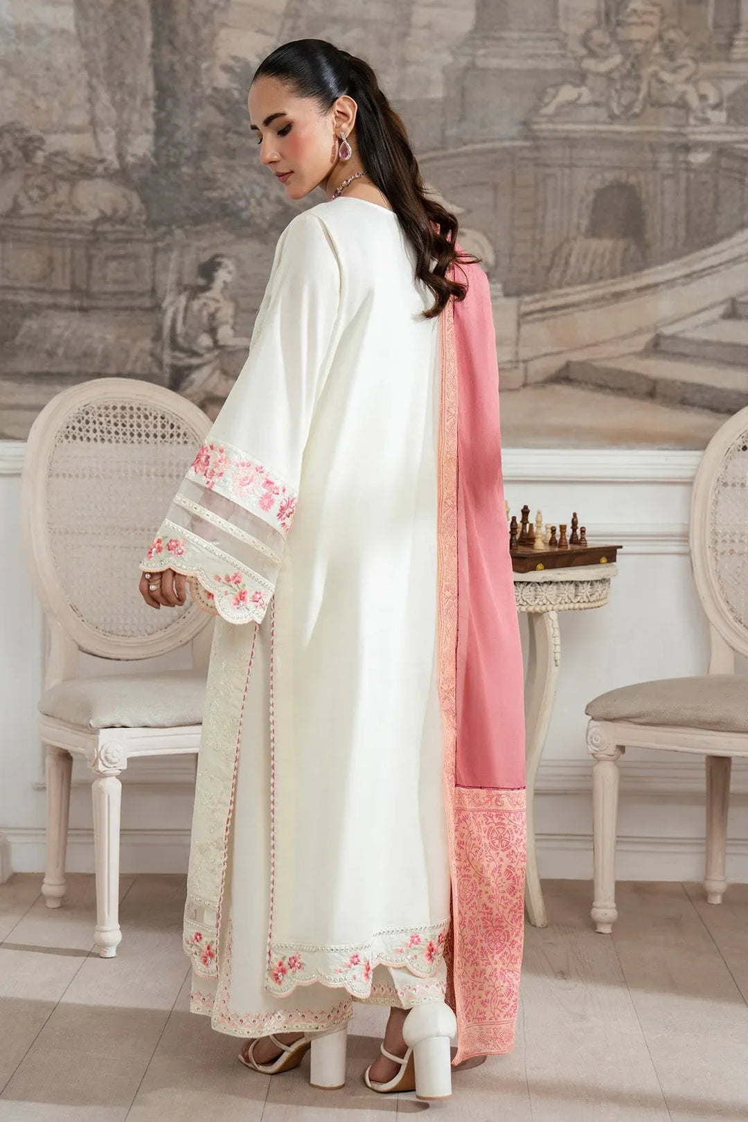 Embroidered Cotton Shirt And Trouser Set With Shawl