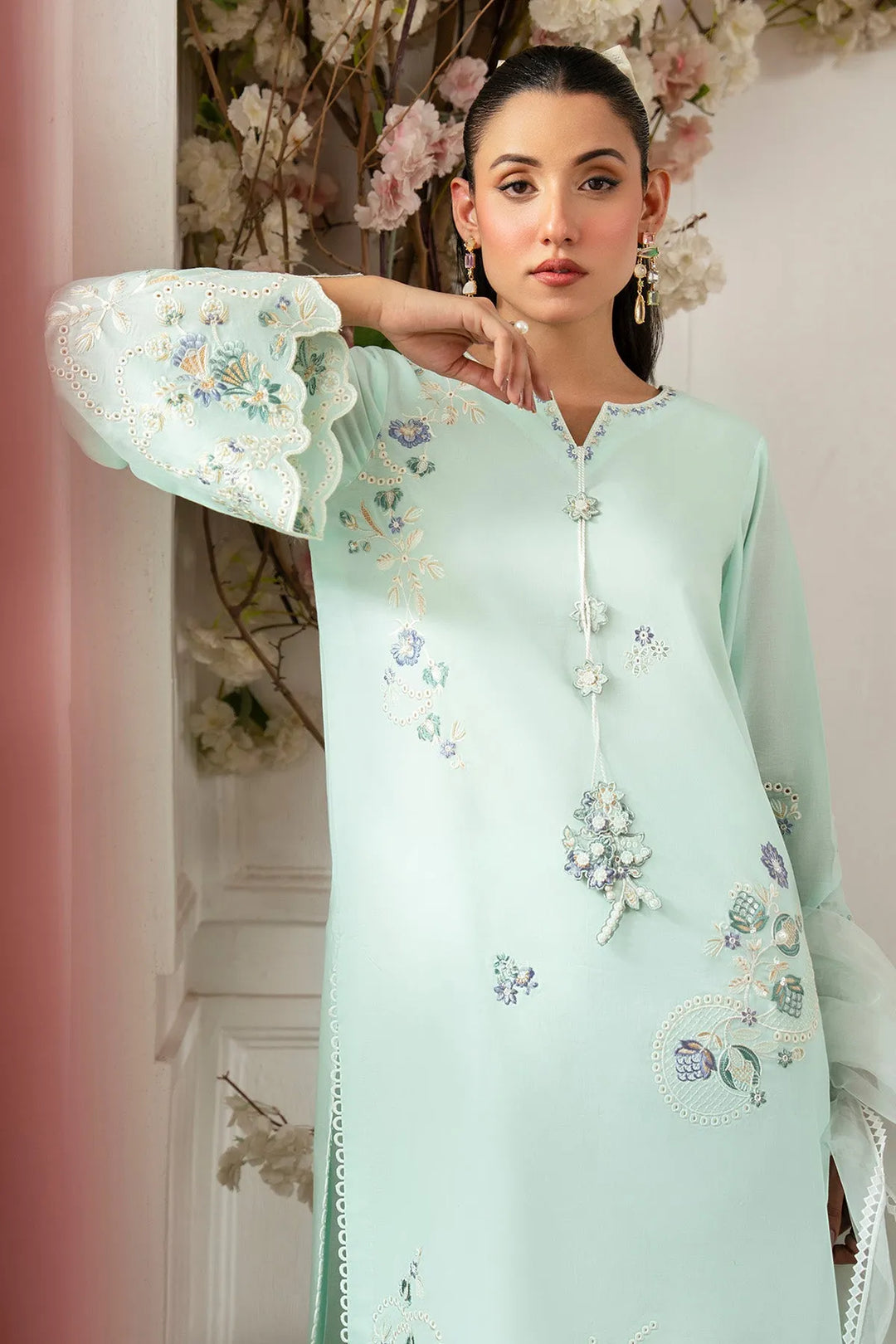 Embroidered Cotton Shirt And Trouser Set With Dupatta 3A36