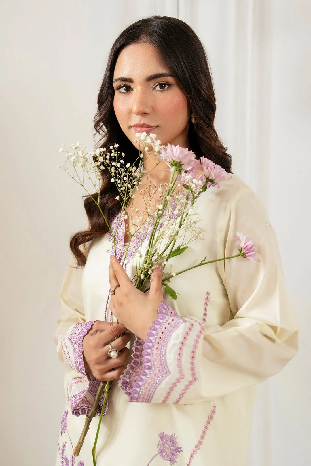 Embroidered Cotton Shirt And Trouser Set 6E61