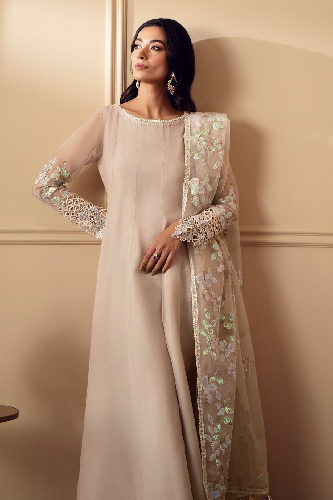 Pakistani Party Dress in Ivory Chiffon
