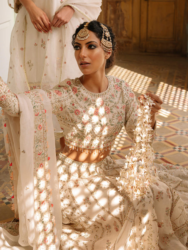 Pakistani Bridal Dress in Ivory Khadi Silk & Organza