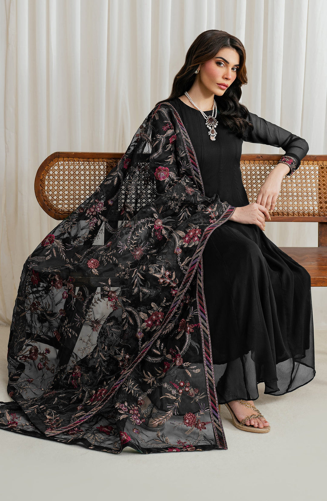 Elegant Embroidered Chiffon Frock with Trouser & Dupatta