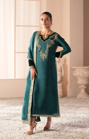 Teal Green Pakistani Party Dress with Exquisite Embroidery