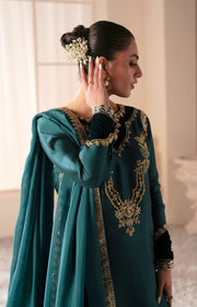 Teal Green Pakistani Party Dress with Exquisite Embroidery