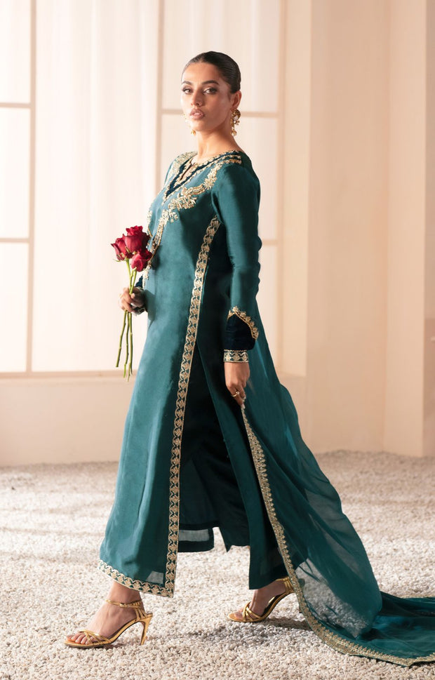 Teal Green Pakistani Party Dress with Exquisite Embroidery