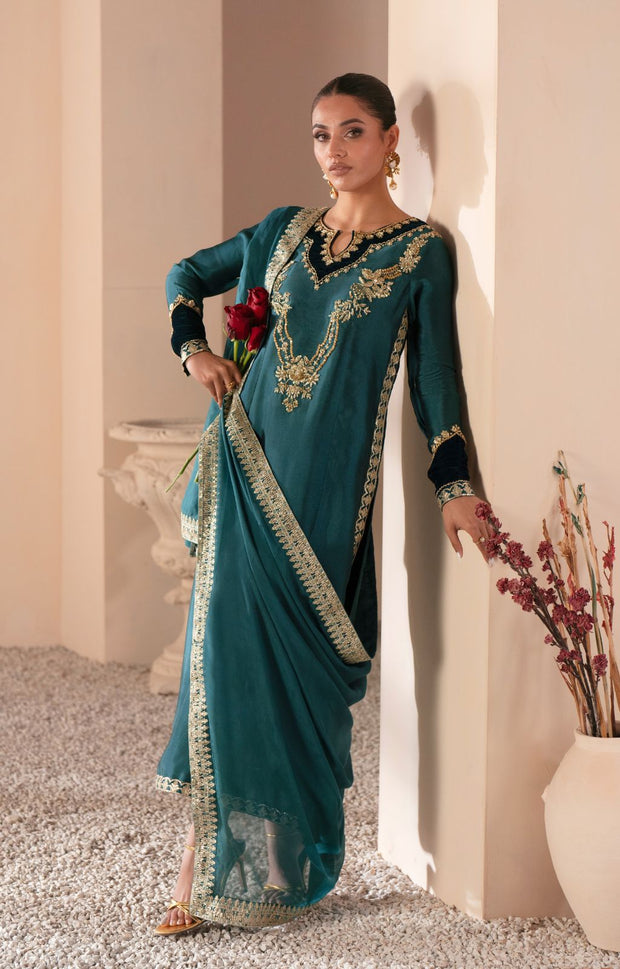 Teal Green Pakistani Party Dress with Exquisite Embroidery