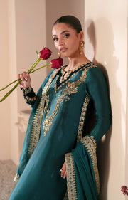 Teal Green Pakistani Party Dress with Exquisite Embroidery