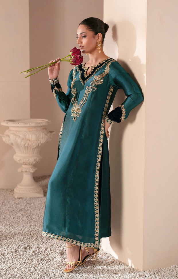 Teal Green Pakistani Party Dress with Exquisite Embroidery