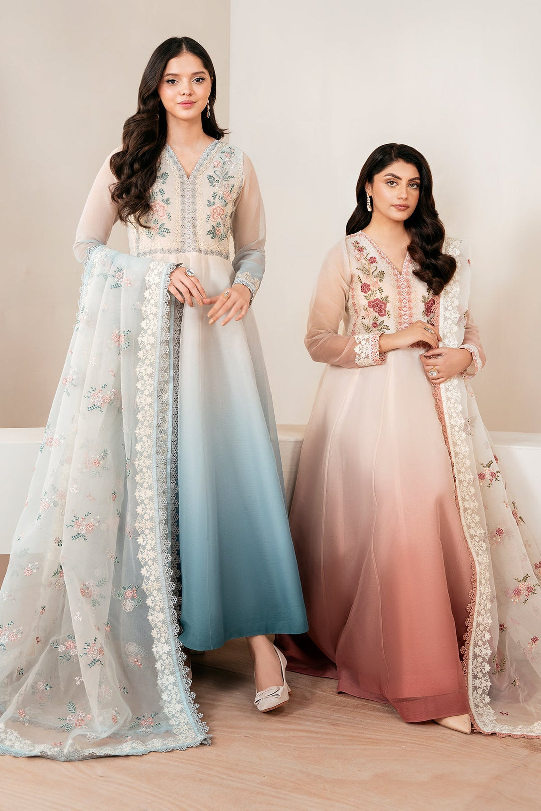 Embroidered Chiffon Frock with Beaded Sleeves
