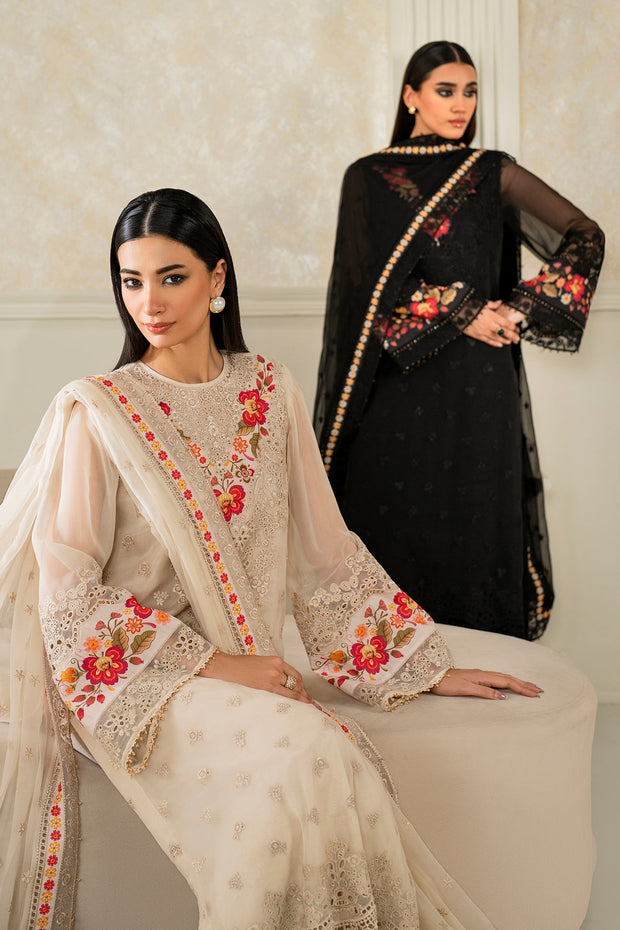 Embroidered Chiffon Shirt with Printed Silk Borders