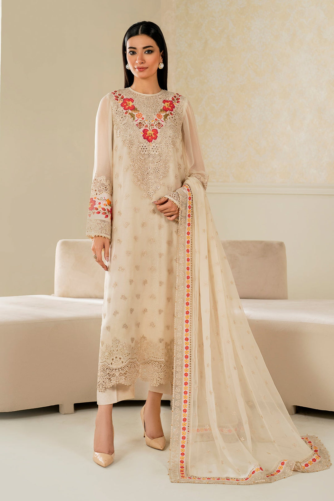 Ivory Embroidered Chiffon Shirt and Trouser Set