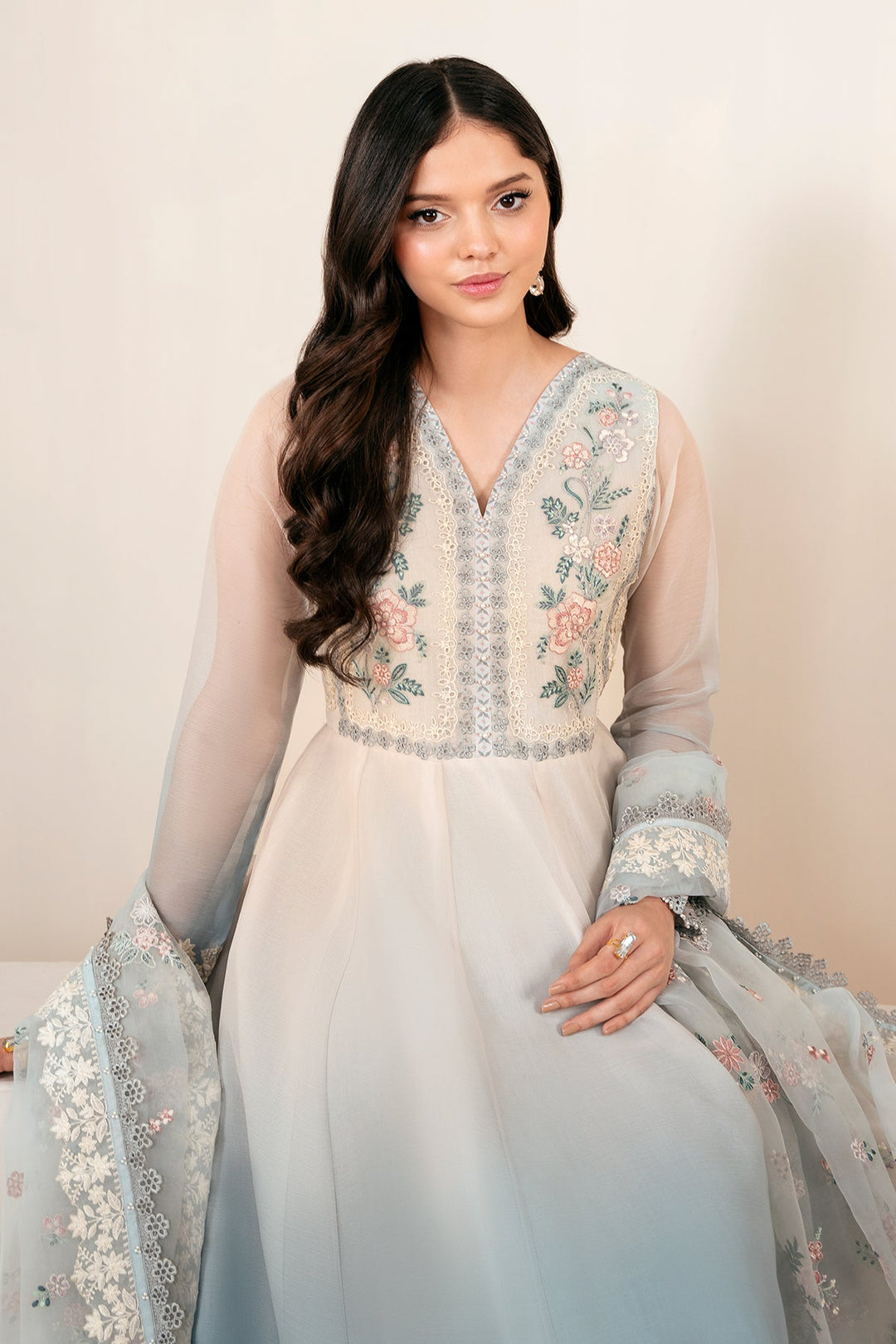 Beaded Sleeve Chiffon Frock with Embroidery