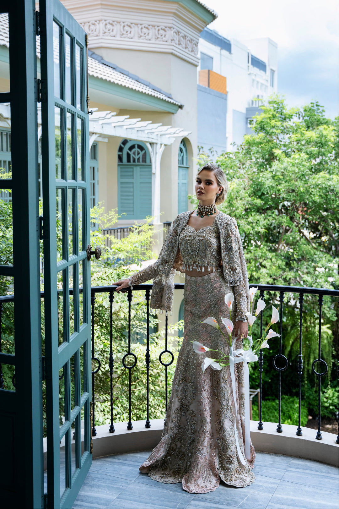 Champagne Pakistani Bridal Outfit with Hand Embroidery and Lehnga