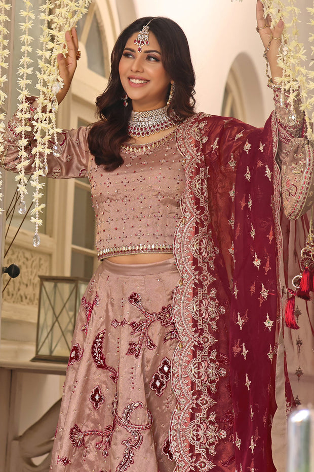 Elegant Pakistani Bridal Dress in Rose Pink & Maroon with Embroid