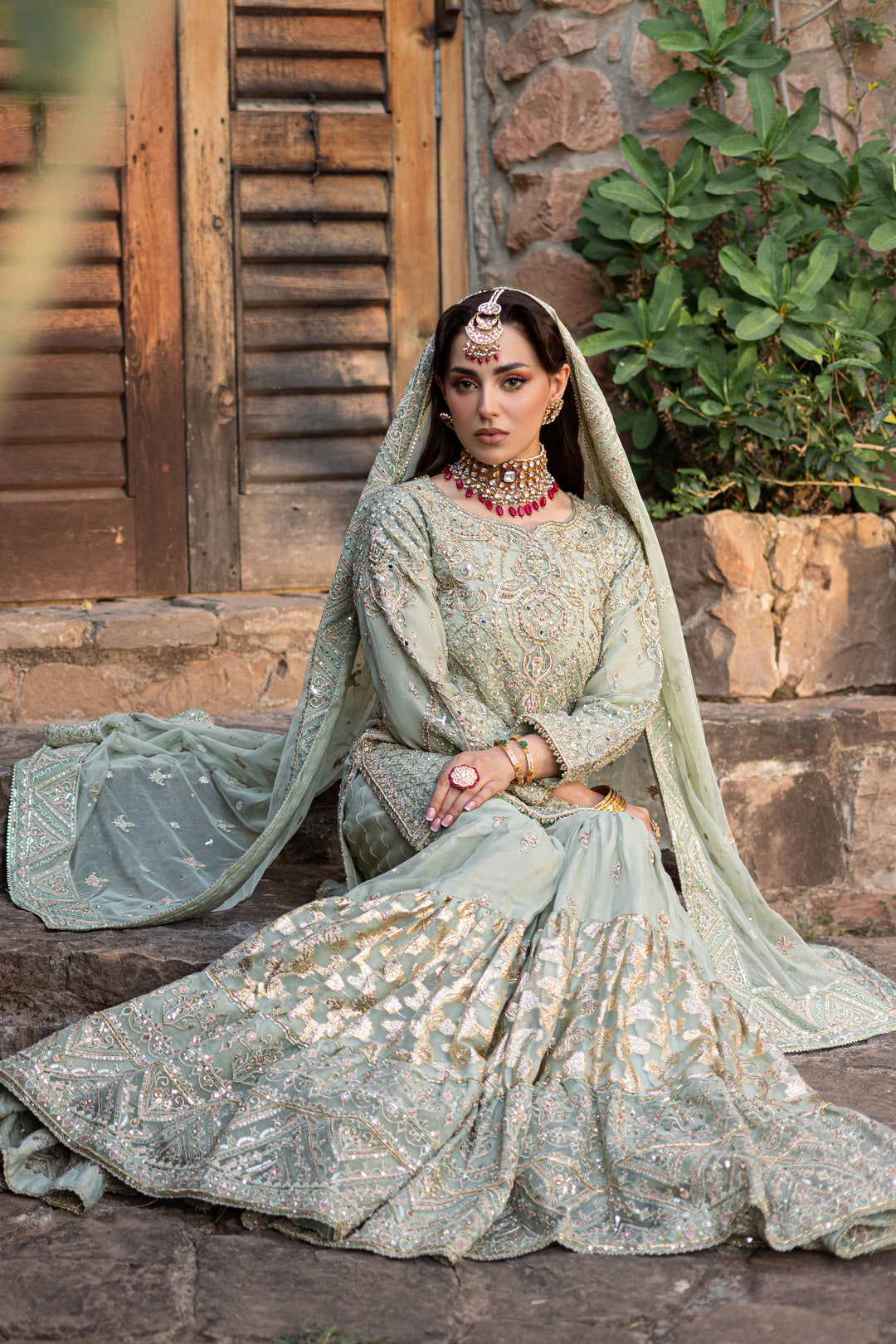 Pistachio Pakistani Bridal Dress with Heavy Embellishments