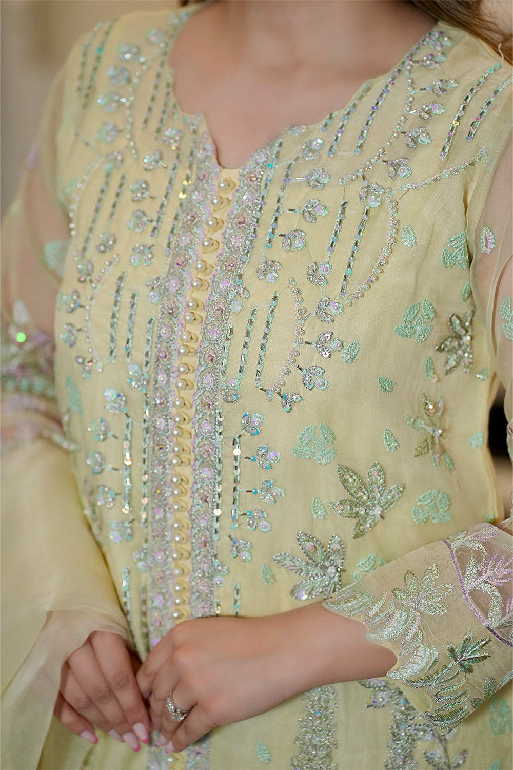 Lime Embroidered Organza Ensemble With Dupatta Pakistani