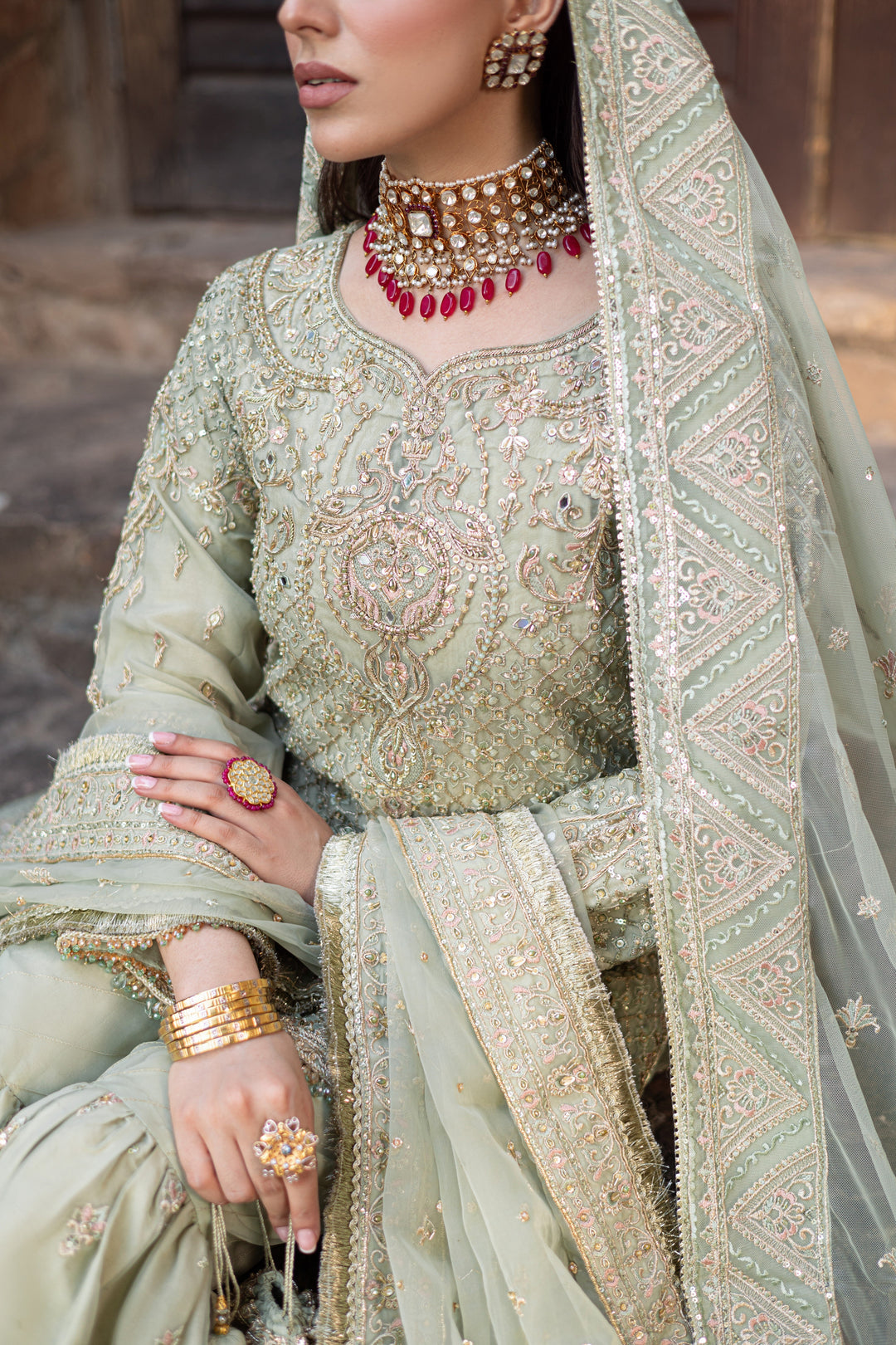 Pistachio Pakistani Bridal Dress with Heavy Embellishments