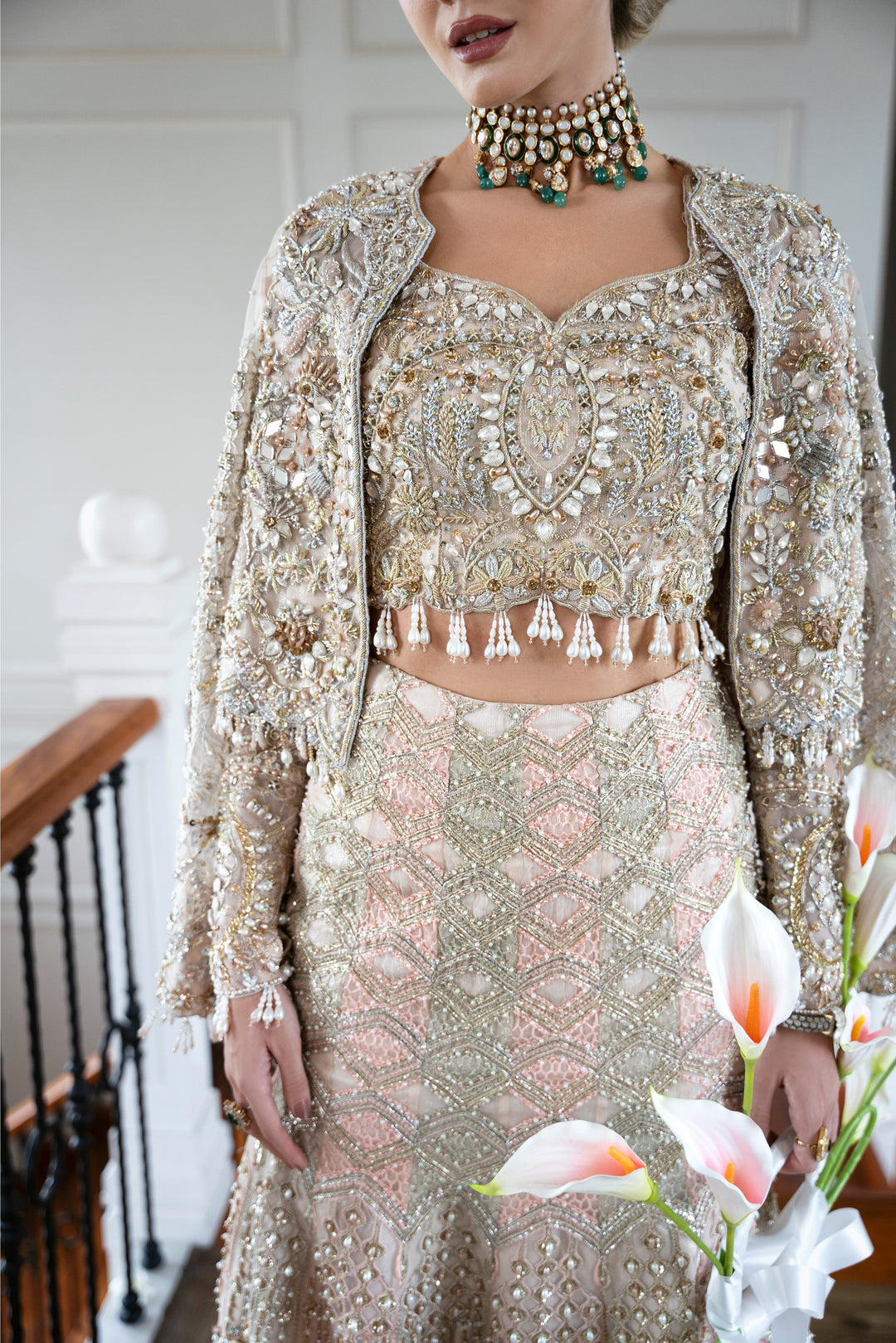 Champagne Pakistani Bridal Outfit with Hand Embroidery and Lehnga