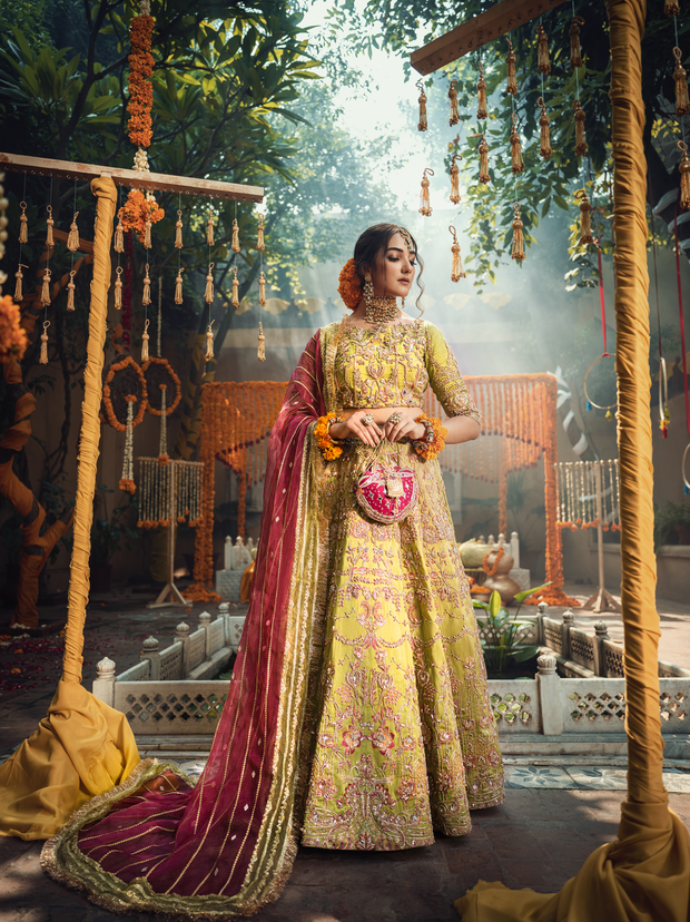 Pakistani Bridal Dress in Green with Embellished Dupatta