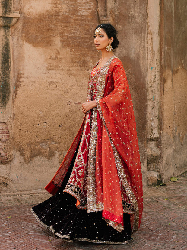 Pakistani Wedding Dress with Velvet Lehenga and Dupatta