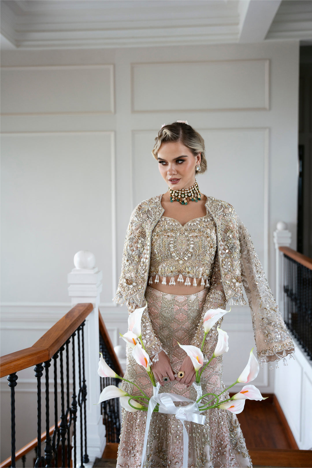 Champagne Pakistani Bridal Outfit with Hand Embroidery and Lehnga
