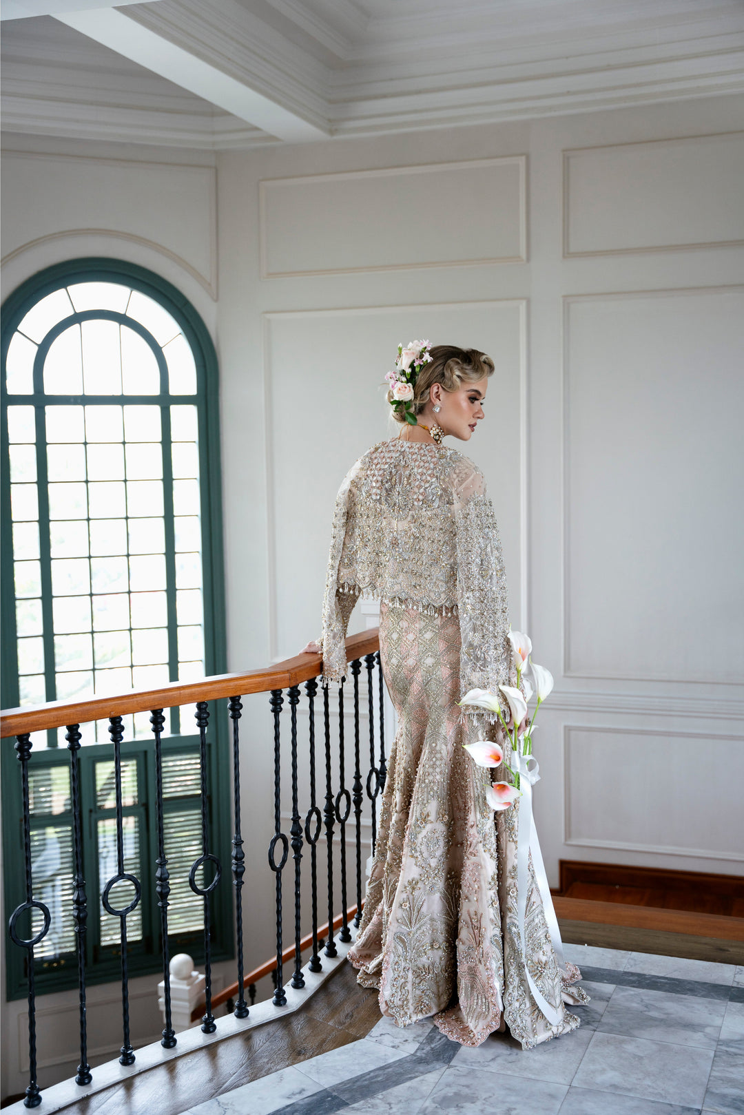 Champagne Pakistani Bridal Outfit with Hand Embroidery and Lehnga