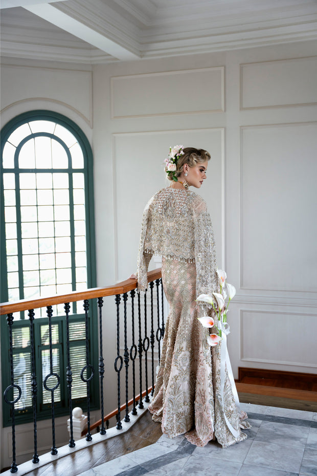 Champagne Pakistani Bridal Outfit with Intricate Embroidery
