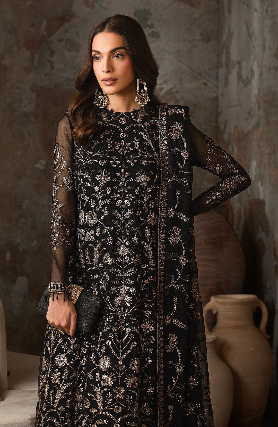 Elegant Sequins Embroidered Chiffon Shirt Set in Gold