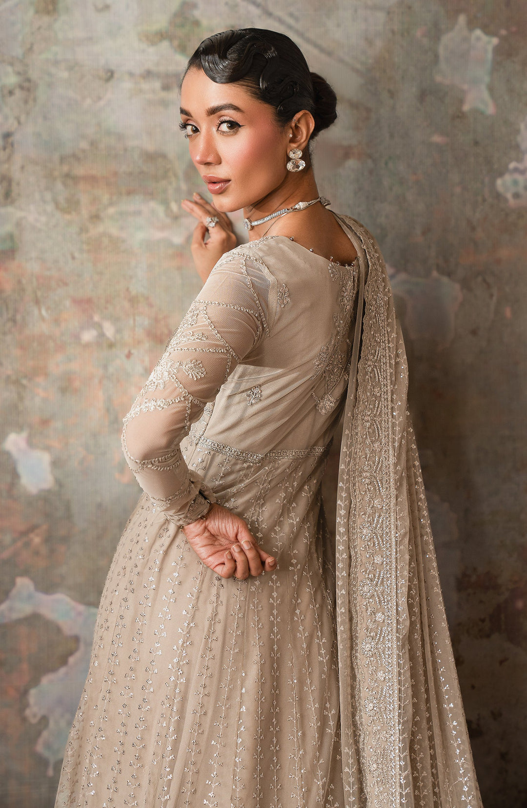 Elegant Sequins Embroidered Net Blouse and Trouser Set