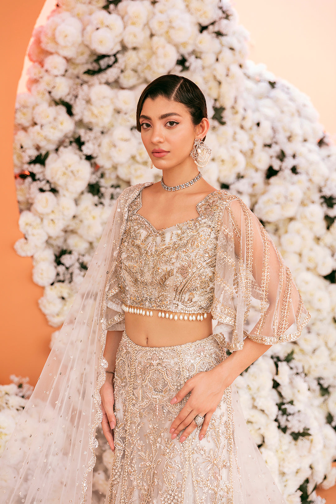 Elegant Pakistani Bridal Outfit in Ivory Silk with Intricate Embr