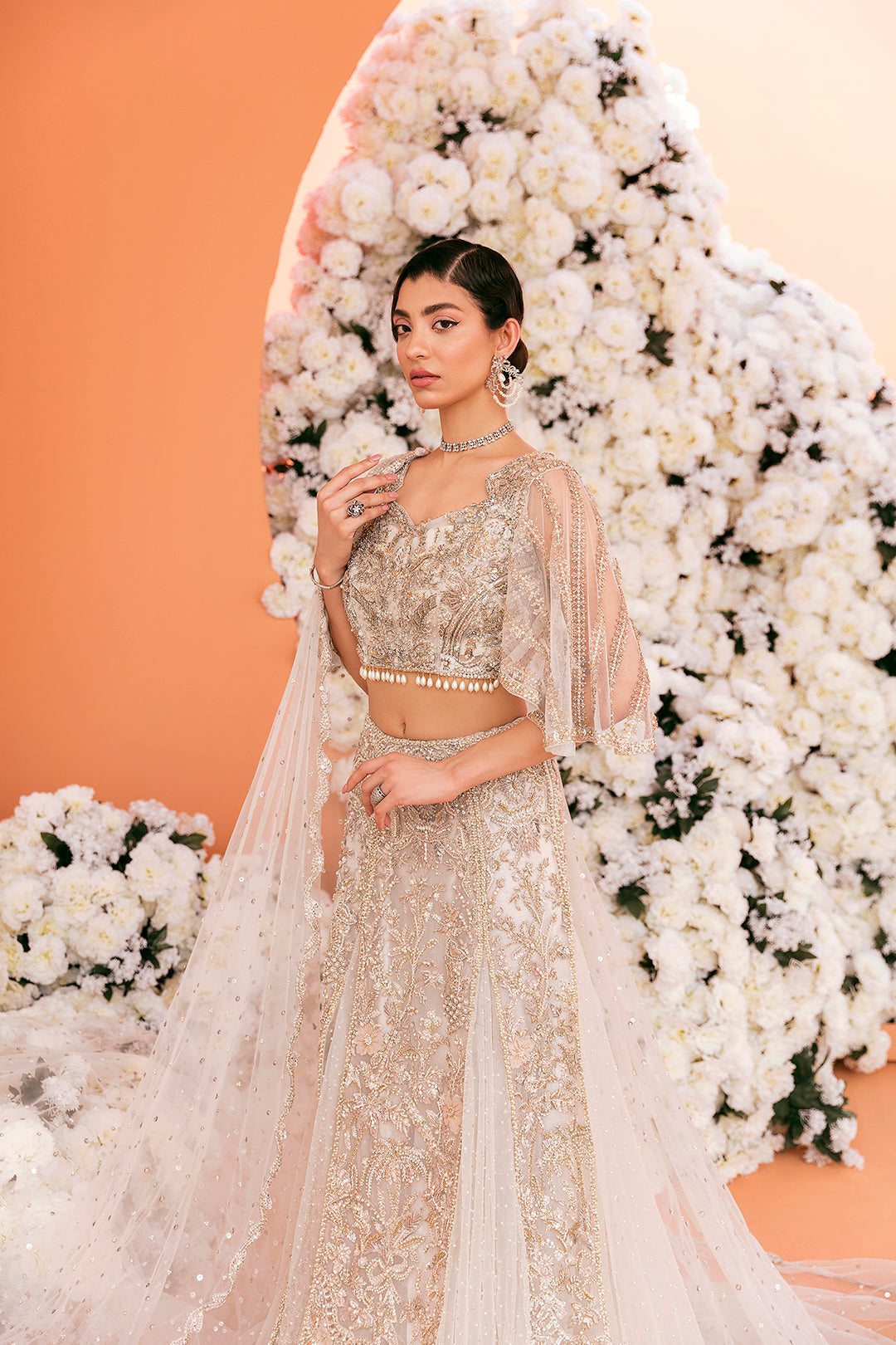 Elegant Pakistani Bridal Outfit in Ivory Silk with Intricate Embr