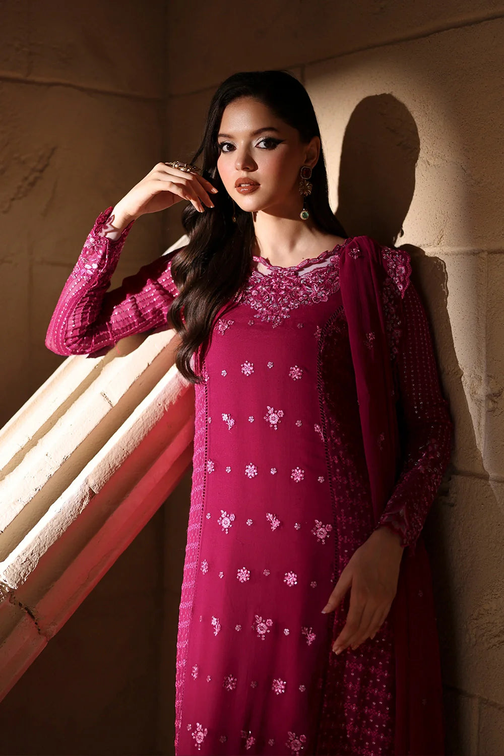 Elegant Fuchsia Pink Sequins Embroidered Chiffon Pakistani Party Dress