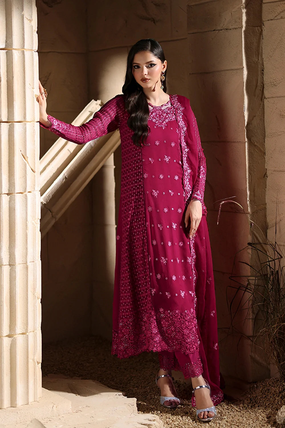Elegant Fuchsia Pink Sequins Embroidered Chiffon Pakistani Party Dress