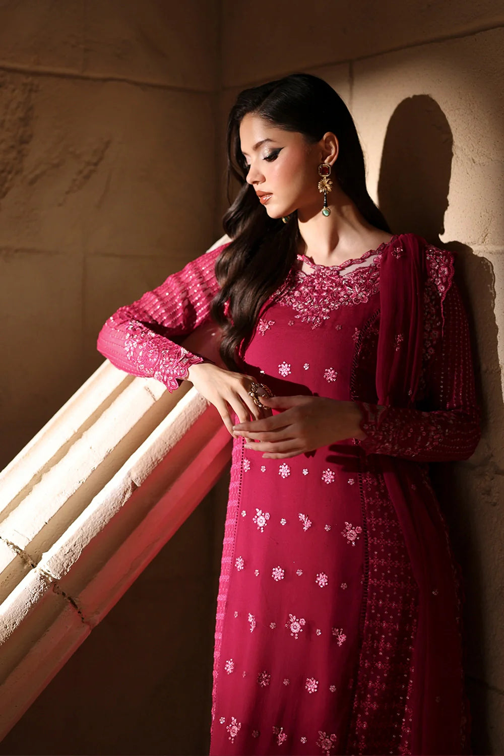 Elegant Fuchsia Pink Sequins Embroidered Chiffon Pakistani Party Dress