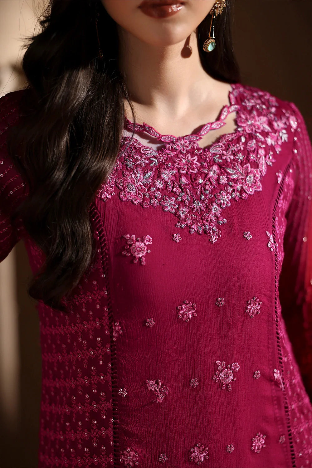 Elegant Fuchsia Pink Sequins Embroidered Chiffon Pakistani Party Dress