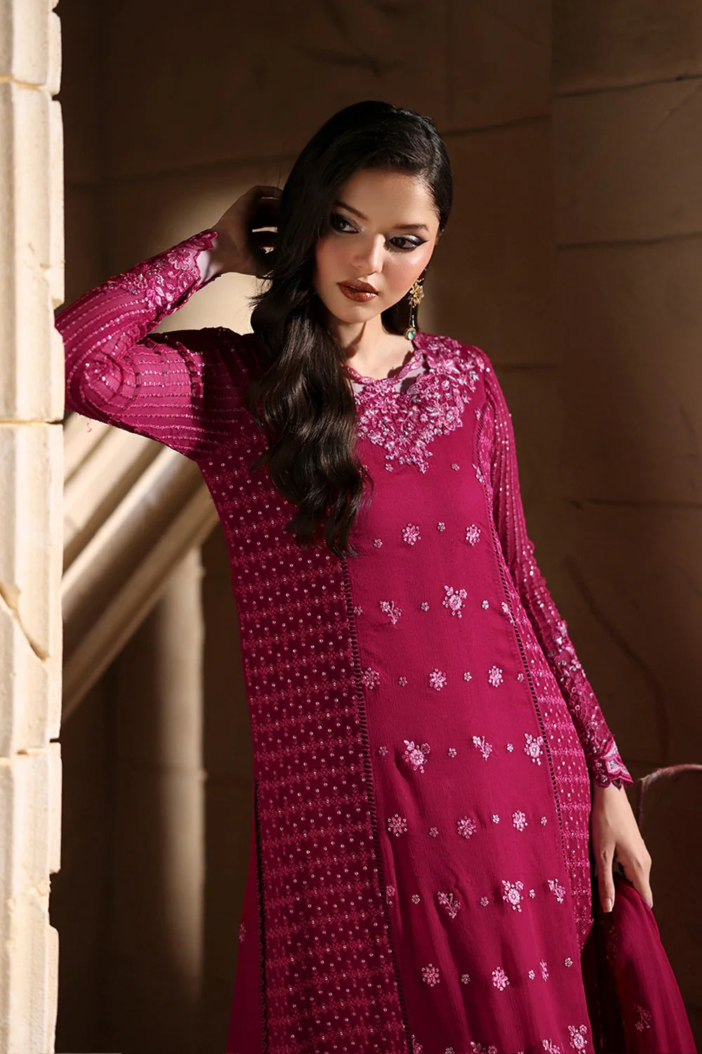 Elegant Fuchsia Pink Sequins Embroidered Chiffon Pakistani Party Dress