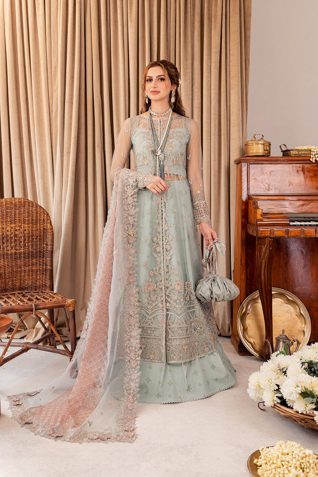 Aqua Blue Embroidered Gown Style Lehenga Pakistani Wedding Dress