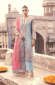 Aqua Blue Embroidered Pakistani Salwar Kameez with Pink Contrast